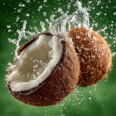 Refreshing coconut half bursting with water splashes and whole fruit against vibrant green backdrop, symbolizing hydration and tropical vitality.