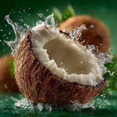 Juicy coconut splashing with fresh water, revealing pristine white flesh, perfect for tropical drinks and healthy lifestyles.