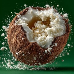 Exploding coconut reveals fresh shredded pulp and white fragments flying dramatically against a vibrant green background, perfect for healthy food concepts.