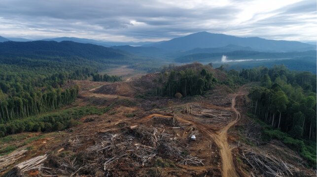 Aerial view of deforested land, showcasing tree stumps and cleared areas against a backdrop of mountains and cloudy skies.
