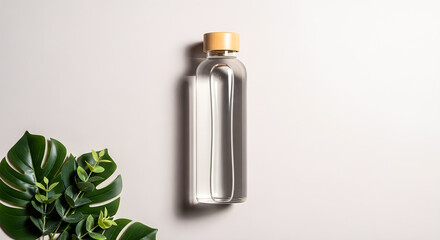 Minimal Flat Lay of Glass Water Bottle and Green Leaves on Neutral Background