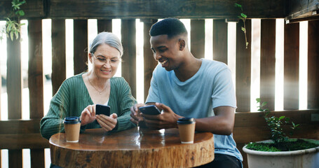 Coffee shop, entrepreneur and employee with phone to check reviews or online comment for restaurant. Happiness, positive feedback or people with mobile for social media, reading website and blog post