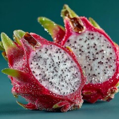 Vibrant, dew-kissed dragon fruit halves reveal speckled white flesh, a refreshing tropical delight perfect for healthy eating and culinary inspiration.