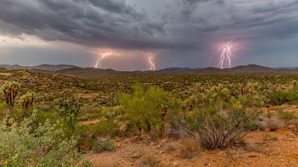 Dramatic lightning storm over a desert landscape.