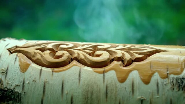 Close-up of intricate wood carving on a birch log, showcasing detailed floral patterns and craftsmanship.