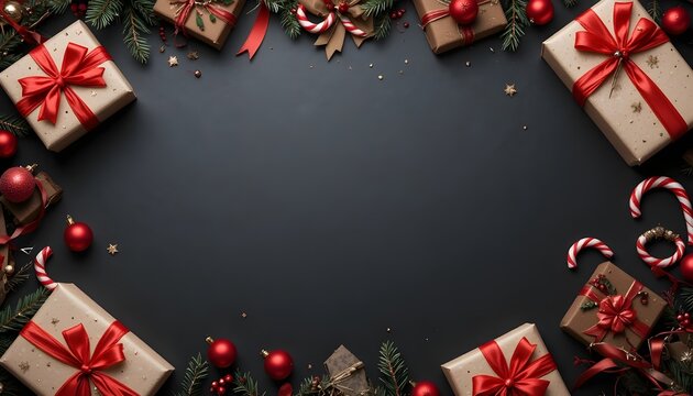 A festive arrangement of Christmas gift boxes with red bows, red baubles, candy canes, and decorative ribbon laid out on a black background. Suitable for holiday cards or promotional purposes. - Powered by Adobe