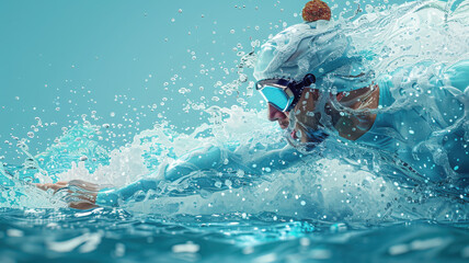 Underwater swimmer in blue swimwear and goggles splashing water