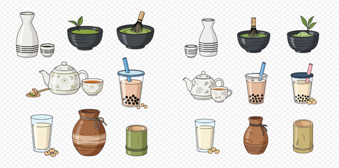 Illustrations of various beverages including tea, sake, and boba drinks.