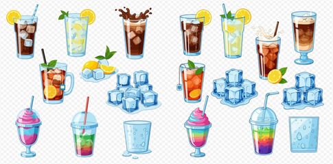 Illustration of various beverages, ice cubes, and glasses on a transparent background.