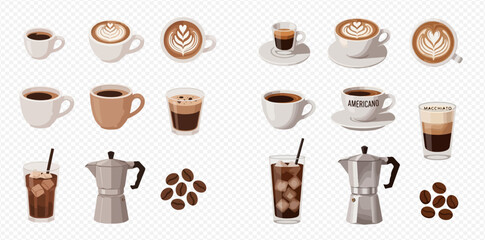 A collection of coffee drinks and coffee making equipment on a transparent background.
