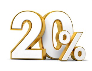 A detailed, vibrant image of the number "20" with a percentage symbol rendered in 3D. The numbers are white with golden outlines