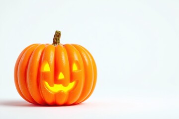 Obraz premium Classic Halloween Jack-o'-lantern pumpkin with glowing yellow light inside. Traditional carved pumpkin face with triangle eyes and toothy smile on white background.