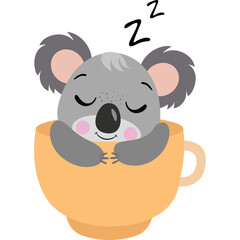 Cute Cartoon Koala Sleeping Peacefully Inside a Warm Orange Cup on a Transparent Background