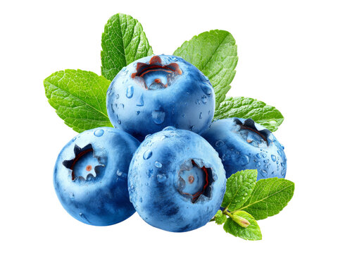 Fresh juicy blueberries with mint leaves isolated on black background, Isolated On White Background, Png Transparent