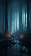 Obraz premium Dark fantasy forest illuminated by magical glowing lights along a stream, symbolizing mystery, fantasy, and enchanted nature.