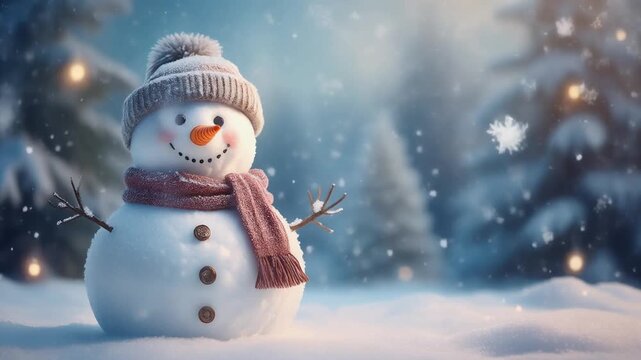 Snowman with scarf and hat smiling under falling snow, Christmas trees behind