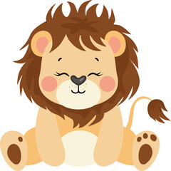Cute Cartoon Lion Cub Sitting Smiling Happy Expression Adorable Big Mane Fluffy Tail With Pink Cheeks Isolated On White Background