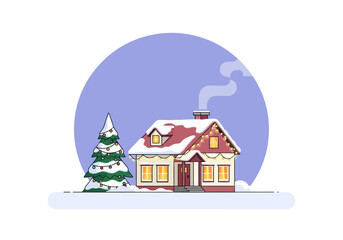 Flat minimalist vector illustration of a cozy snow-covered house with lights, Christmas season theme.