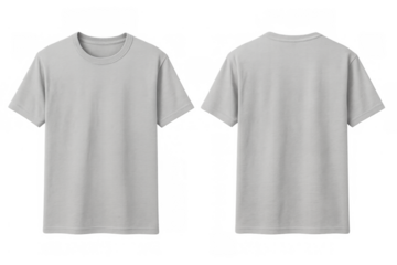 Grey t-shirt presenting front and back view, blank apparel textile for clothing mock-up, transparent background