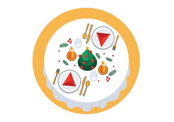 Flat minimalist vector illustration of a dining table for Christmas dinner, holiday party themed.