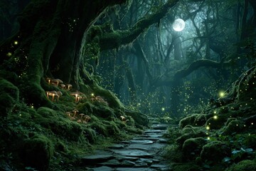 Obraz premium Mystical Forest Pathway Under Moonlight