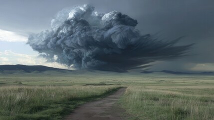 Dramatic storm clouds over a grassy plain.