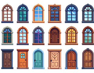 Naklejka premium A collection of various cartoon-style windows and doors, featuring different shapes, colors, and designs for architectural elements.