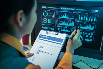 An Asian businesswoman analyzes digital charts on a computer screen, reviewing performance reports...