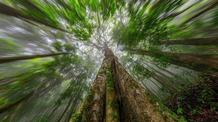 Lush forest canopy viewed from below, with a sense of upward motion.