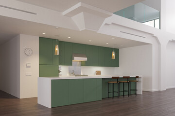 3D render of a modern kitchen with green cabinets and a white island