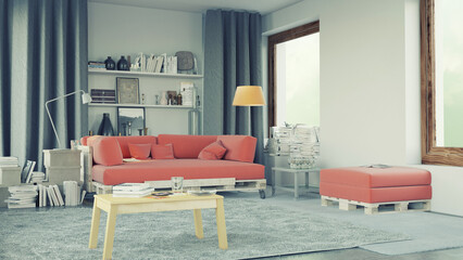 Modern living room interior with coral pallet sofa. 3D render