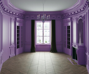 3D render of an empty purple classic Parisian room interior