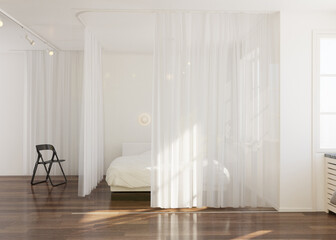 Modern minimalist bedroom interior with a curtain as a room divider. 3D render