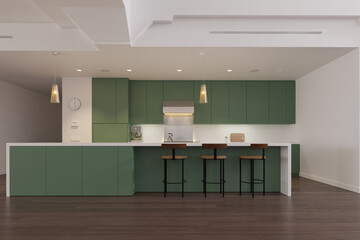 3D render of a modern kitchen interior with green cabinets and a white island
