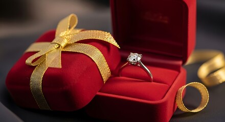 A Proposal's Prelude: A diamond ring gleams invitingly within a crimson box, tenderly juxtaposed beside a meticulously wrapped gift, conjuring thoughts of enduring love and cherished moments.