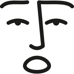 Minimalist black line drawing of a surprised face with wide open mouth and closed eyes on a transparent background