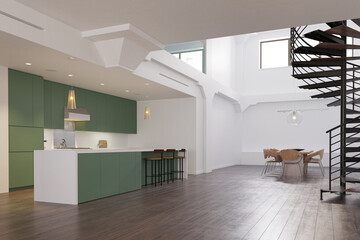 Modern loft interior with spiral staircase and green kitchen. 3D render