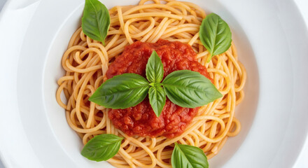 Spaghetti alle pomodoro served with fresh basil leaves