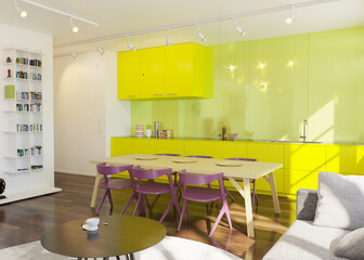 3D render of a modern open-plan interior with a vibrant, colorful kitchen