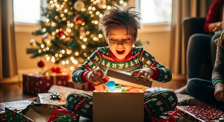Gift of Joy: An excited child unveils a glowing gift box with radiant eyes, surrounded by festive decorations, symbolizing the spirit of festive season.