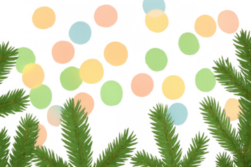 Christmas spruce branches border with pastel bokeh lights, festive holiday season transparent background