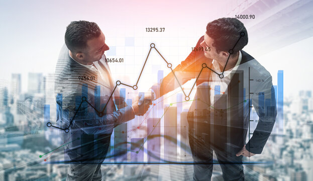 Two business professionals engaged in a handshake symbolize partnership and success, with financial graphs overlaying a modern cityscape, showcasing growth and collaboration. Scalp