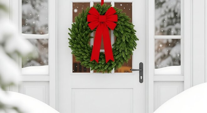 Festive Doorway: A welcoming doorway adorned with a lush green wreath and a vibrant red bow, symbolizing the joy and warmth of the holiday season, is set against a snowy backdrop.