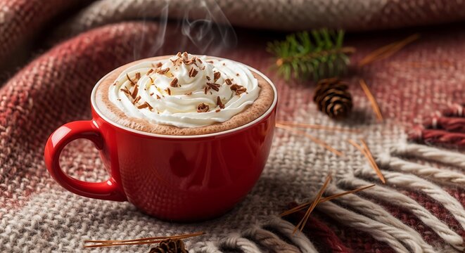 Cozy Cocoa Delight: A steaming mug of rich, hot cocoa is adorned with a swirl of whipped cream, offering warmth and comfort. Captured on a rustic blanket.