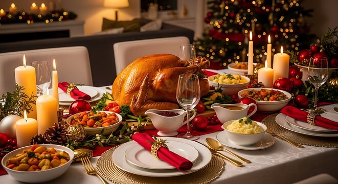 Festive Feast: A table laden with traditional holiday dishes, illuminated by the warm glow of candlelight, sets the stage for a joyous celebration.