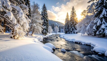 Sunlit winter stream flowing through snowy forest
