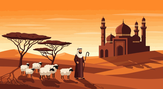 Illustrative scene of a shepherd guiding sheep towards a desert mosque