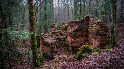 Obraz premium Brick ruins of a building nestled within a forest.