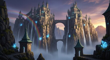 Majestic castle perched on cliffs amidst waterfalls and ethereal crystals during sunset