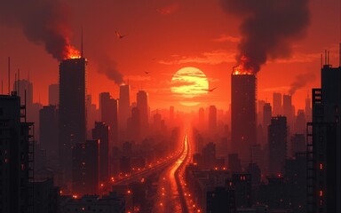 Fototapeta premium Apocalyptic city on fire at night, burning buildings, dark red sky, digital painting. High quality